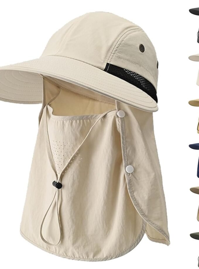 Wide Brim Fishing Hat with Neck Flap for Men Women UV Sun Protection Safari Hat with Face Cover Summer UPF50+