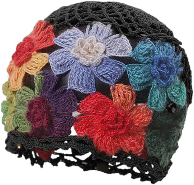 1Pcs Flower Crochet Vintage Beanie Hollow Hat Breathable Knitted Skull Hat Lightweight Elastic Knit Hats for Women (Flower Color Random) Multi