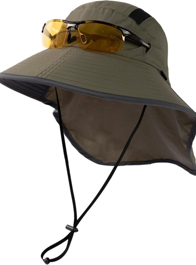 Unisex men Sun Hat with Neck Flap Sunglass Lock UPF 50 Wide Brim Fishing Hats Waterproof & Packable