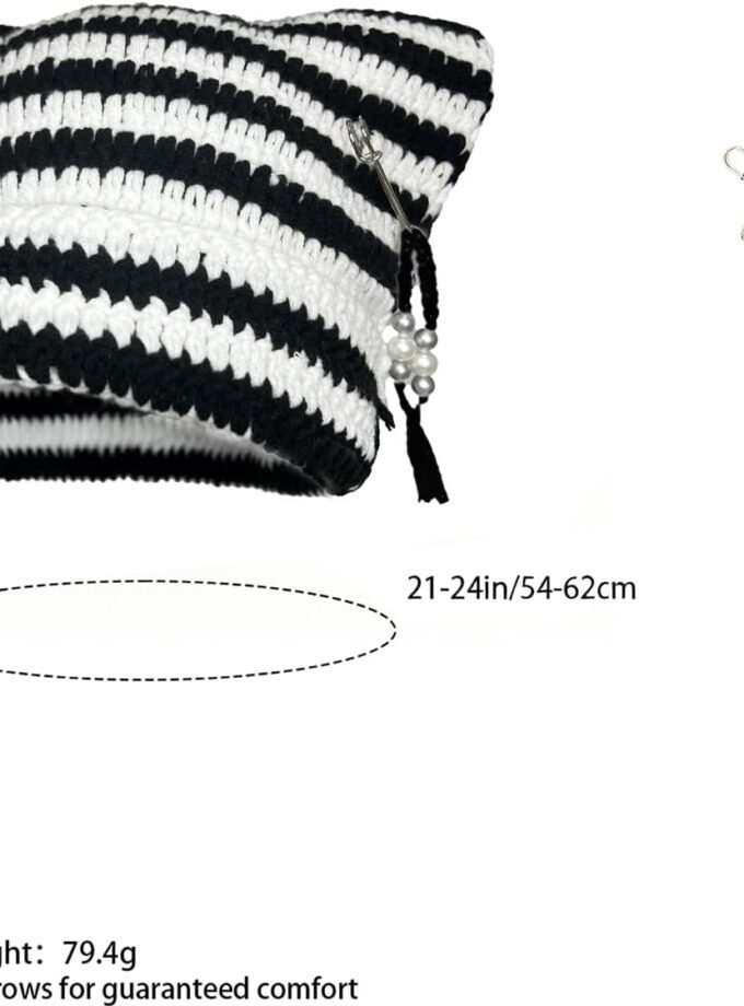 Cat Ear Beanie Hat for Women Y2K Striped Beanie with DIY Goth Accessories Slouchy Crochet Goth Hat Beanie with Ears