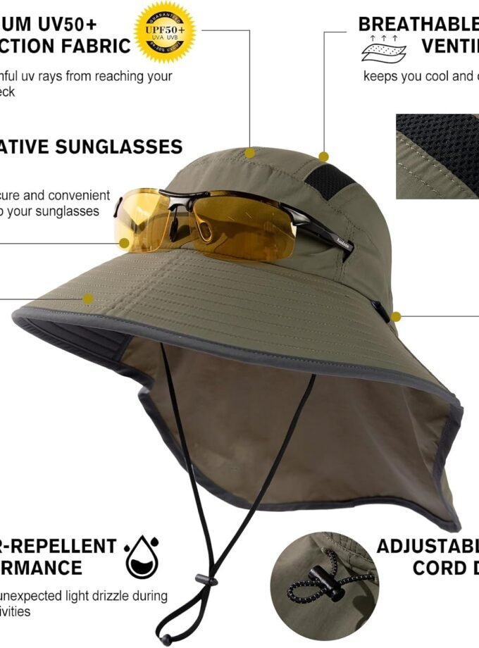 Unisex men Sun Hat with Neck Flap Sunglass Lock UPF 50 Wide Brim Fishing Hats Waterproof & Packable