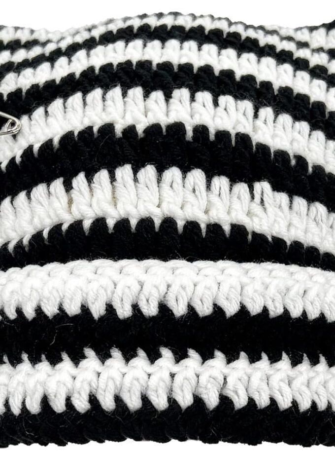 Cat Ear Beanie Hat for Women Y2K Striped Beanie with DIY Goth Accessories Slouchy Crochet Goth Hat Beanie with Ears