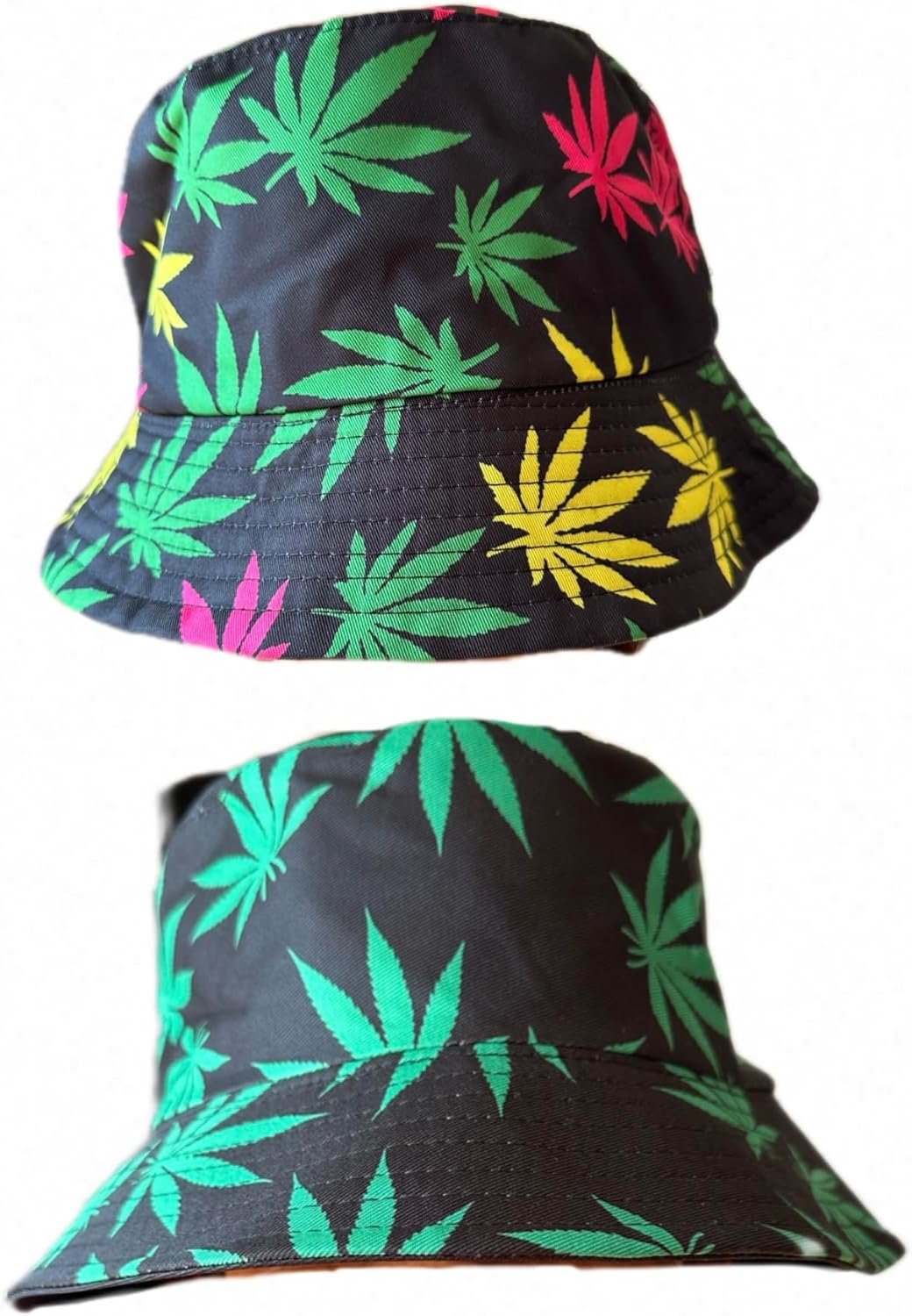 Leaf Print Bucket Hat Comfortable Colored Weed Bucket Hat Sun Protection Brim Fishing Beach Fisherman Durable Hats Reversible Double Side Wear- 2 Pack - Image 2