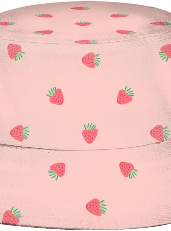 Pink Strawberry Background Unisex Bucket Hat Reversible Fisherman Hat Plant Printed Solid Color Outdoor Sun Hat Packable -