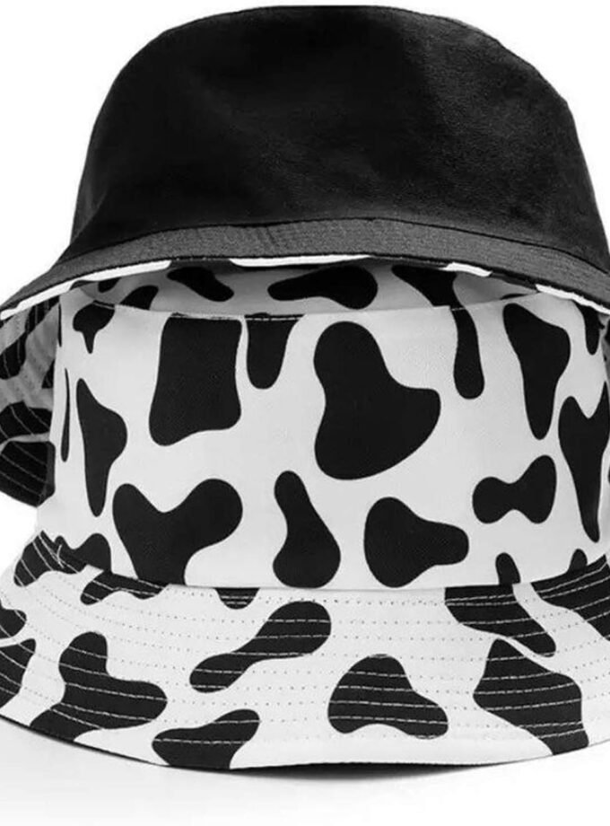 Unisex Cow Pattern Print Bucket-Hat Double-Side-Wear Reversible Fisherman-Cap