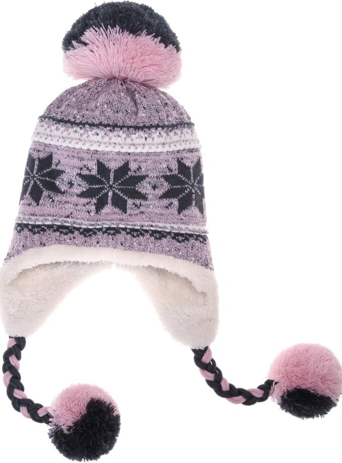 Winter Hats for Women Knit Beanie Soft Warm Fleece Lined Long Ear Straps Snow Ski Cap with Pompom