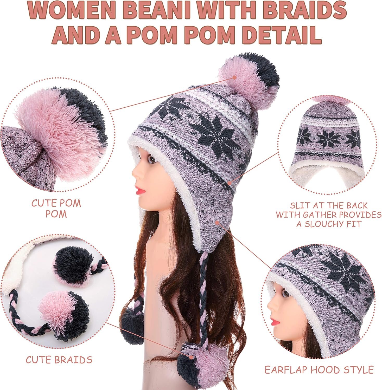 Winter Hats for Women Knit Beanie Soft Warm Fleece Lined Long Ear Straps Snow Ski Cap with Pompom - Image 2